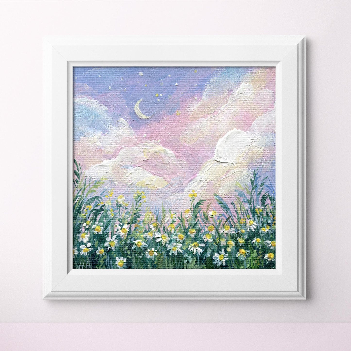 Field daisies Painting. Chamomile Painting. Wildflower Meadow. Original Small Nature Wall Art, Hand Painted Landscape, pink sunset Gift art