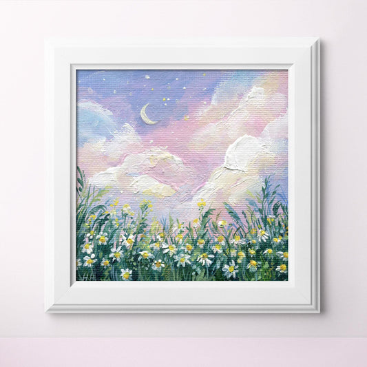 Field daisies Painting. Chamomile Painting. Wildflower Meadow. Original Small Nature Wall Art, Hand Painted Landscape, pink sunset Gift art