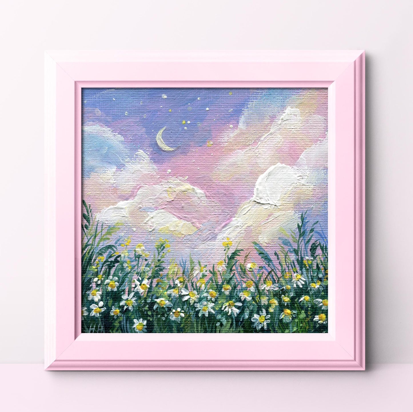Field daisies Painting. Chamomile Painting. Wildflower Meadow. Original Small Nature Wall Art, Hand Painted Landscape, pink sunset Gift art