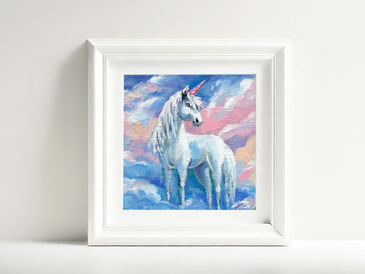 Unicorn Painting on Mini Canvas, Fantasy Horse Art, Magical Dreamy Decor, Romantic Art, Animal Decor 4x4in, Original Artwork