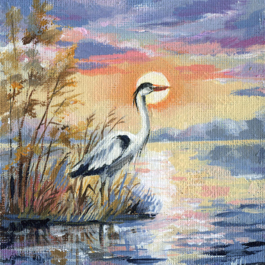 Heron Painting. Hand-Painted Mini Canvas, Sunset Lake Art, Bird Wall Decor, Nature Landscape Artwork 4x4in, Original Artwork