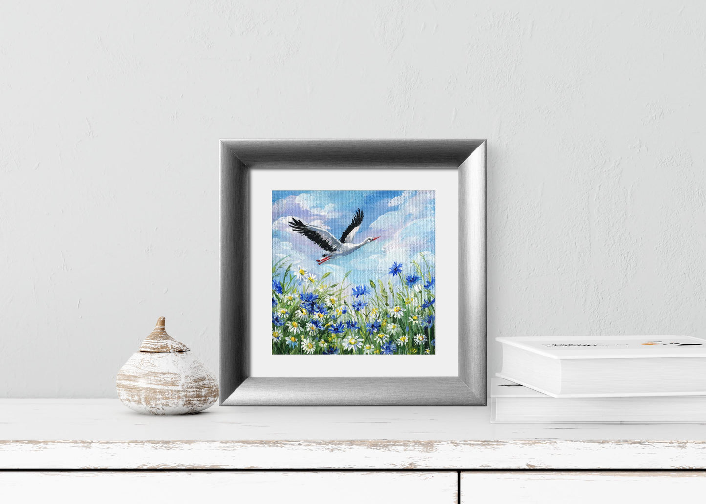 Stork flies over blooming field of daisies and cornflowers. Hand-Painted Mini Canvas Wildflower Meadow Art. Bird Lover Gift Original Artwork