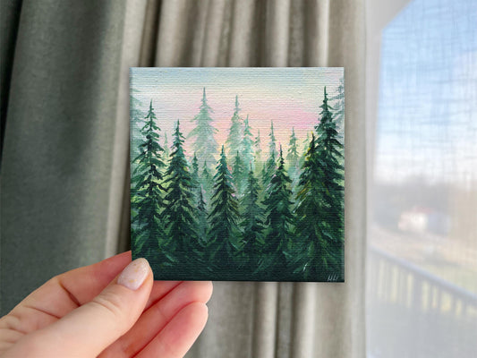 Forest Painting. Foggy forest, fogs in forest. Hand-Painted Mini Canvas, Pine Tree Landscape Art, Nature Decor Gift 4x4in Original Artwork
