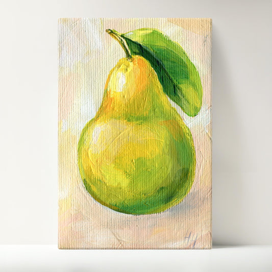 Original Yellow Pear oil painting by Hanna Hryharenka displaying side view of canvas with dimensional texture