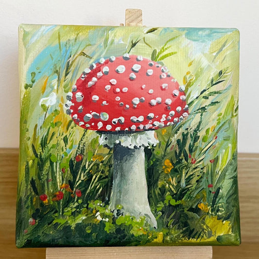 Fly Agaric Mushroom Original Painting – Red Cap on Mini Canvas – Realistic Forest Artwork