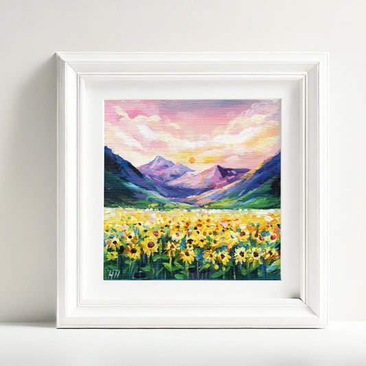 Impasto Mountain Meadow Painting: 4x4" Acrylic Flower Field Art