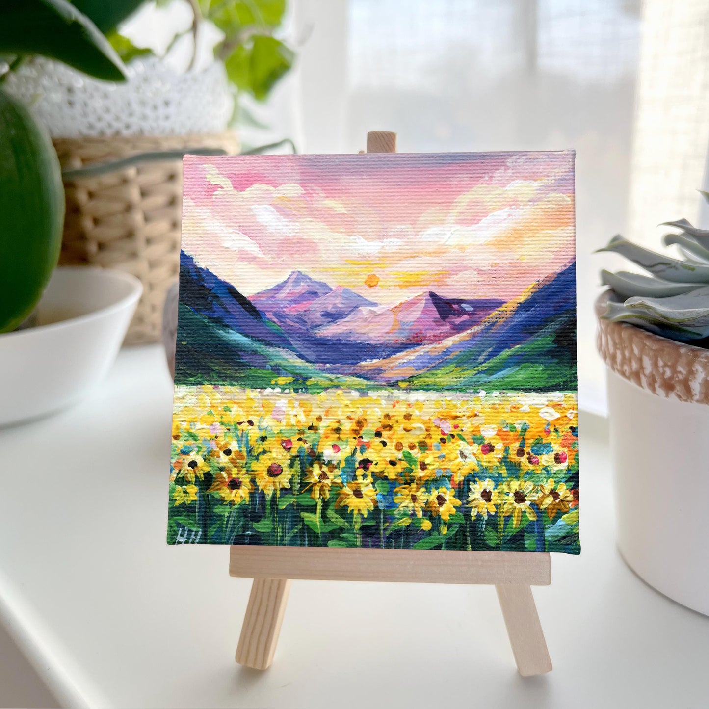Impasto Mountain Meadow Painting: 4x4" Acrylic Flower Field Art