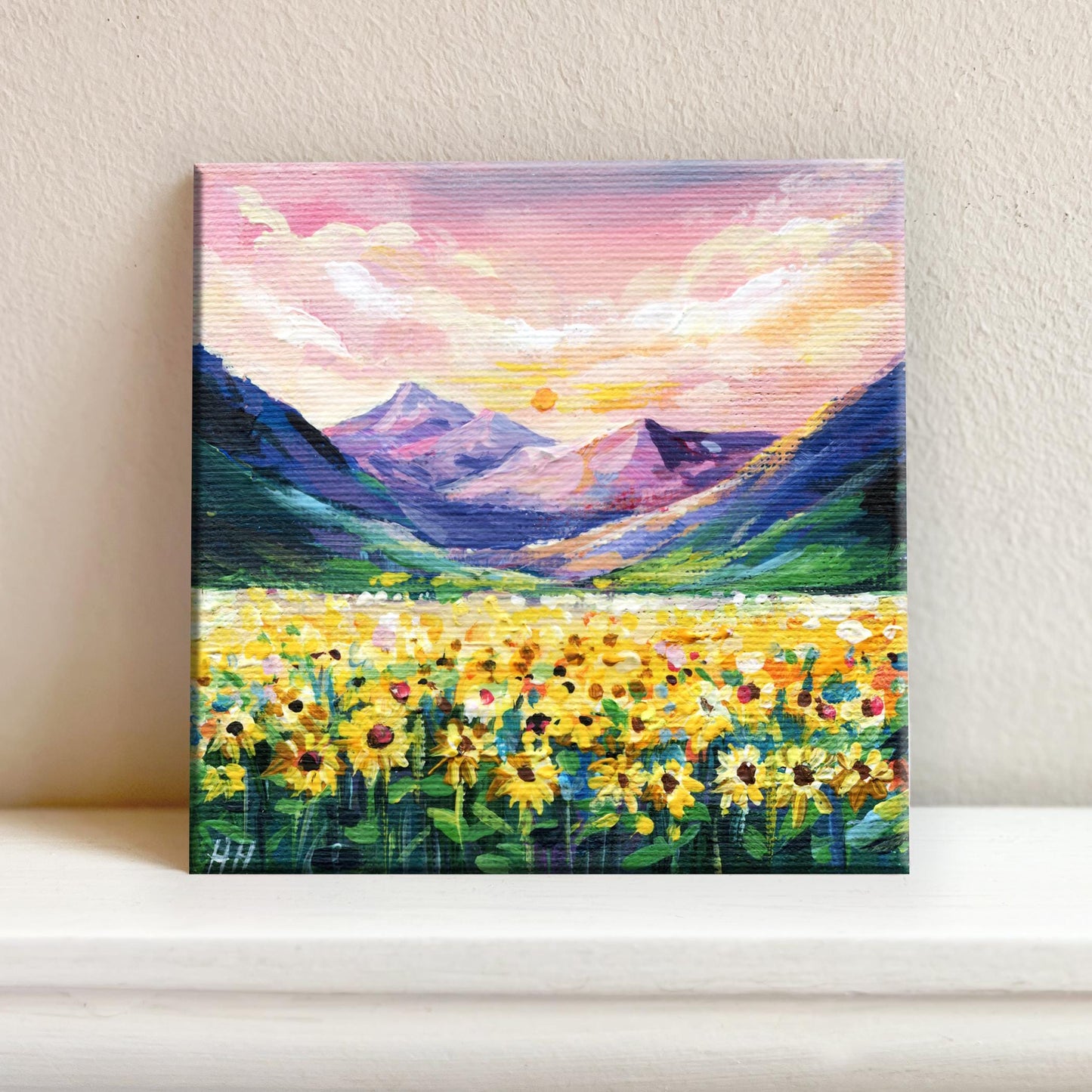 Impasto Mountain Meadow Painting: 4x4" Acrylic Flower Field Art