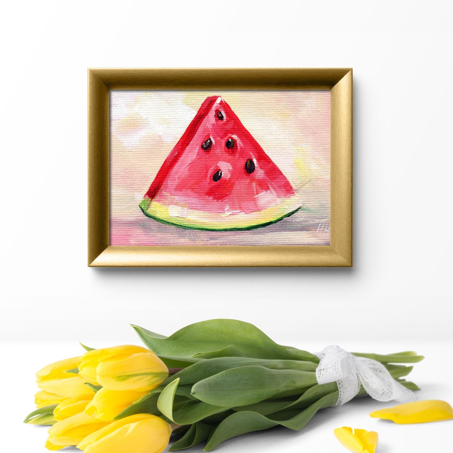 Watermelon Slice Painting. Red Summer Fruit Wall Art on Canvas. Summer Kitchen Decor. Foodie Gift. Mini Artwork. Original acrylic painting
