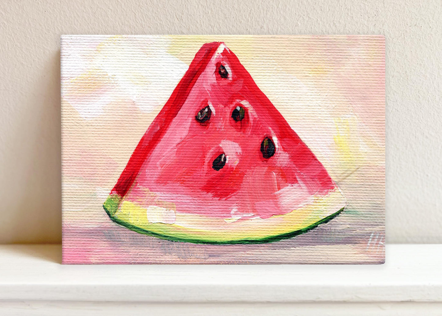 Watermelon Slice Painting. Red Summer Fruit Wall Art on Canvas. Summer Kitchen Decor. Foodie Gift. Mini Artwork. Original acrylic painting
