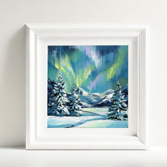 Hand-Painted Aurora Borealis Acrylic Painting: Snowy Mountain Winter Art