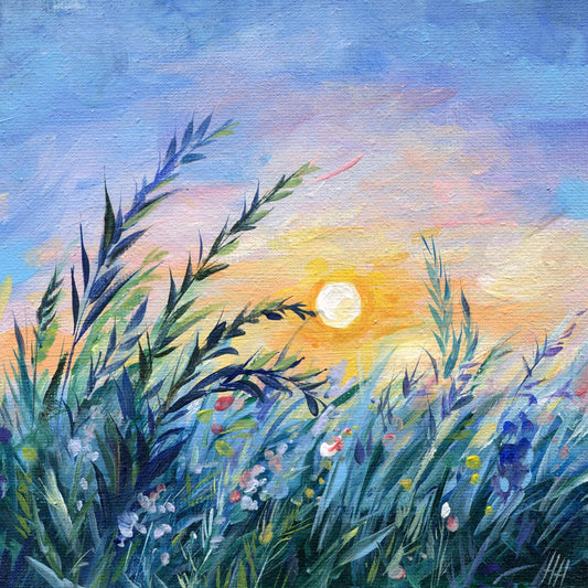 Sunrise Field Painting. Original Landscape Artwork on Canvas, 6x6 in Bright Summer Wildflowers, Botanical Decor Gifts for Her, personalized