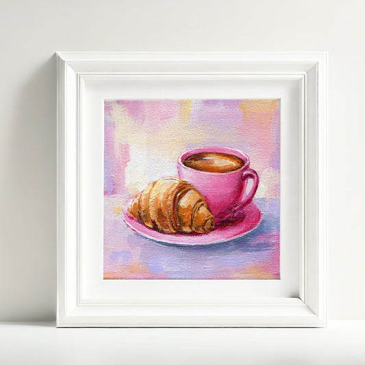Coffee and Croissant Painting. Espresso in pink cup. French Breakfast Mini Canvas, Kitchen Decor, Foodie Gift for girl 10x10 cm Original Art