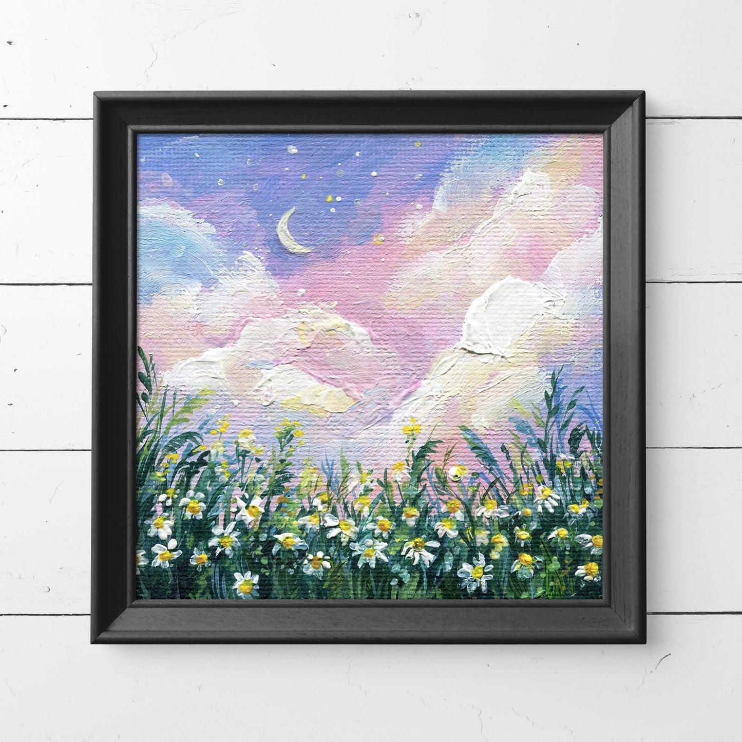 Field daisies Painting. Chamomile Painting. Wildflower Meadow. Original Small Nature Wall Art, Hand Painted Landscape, pink sunset Gift art