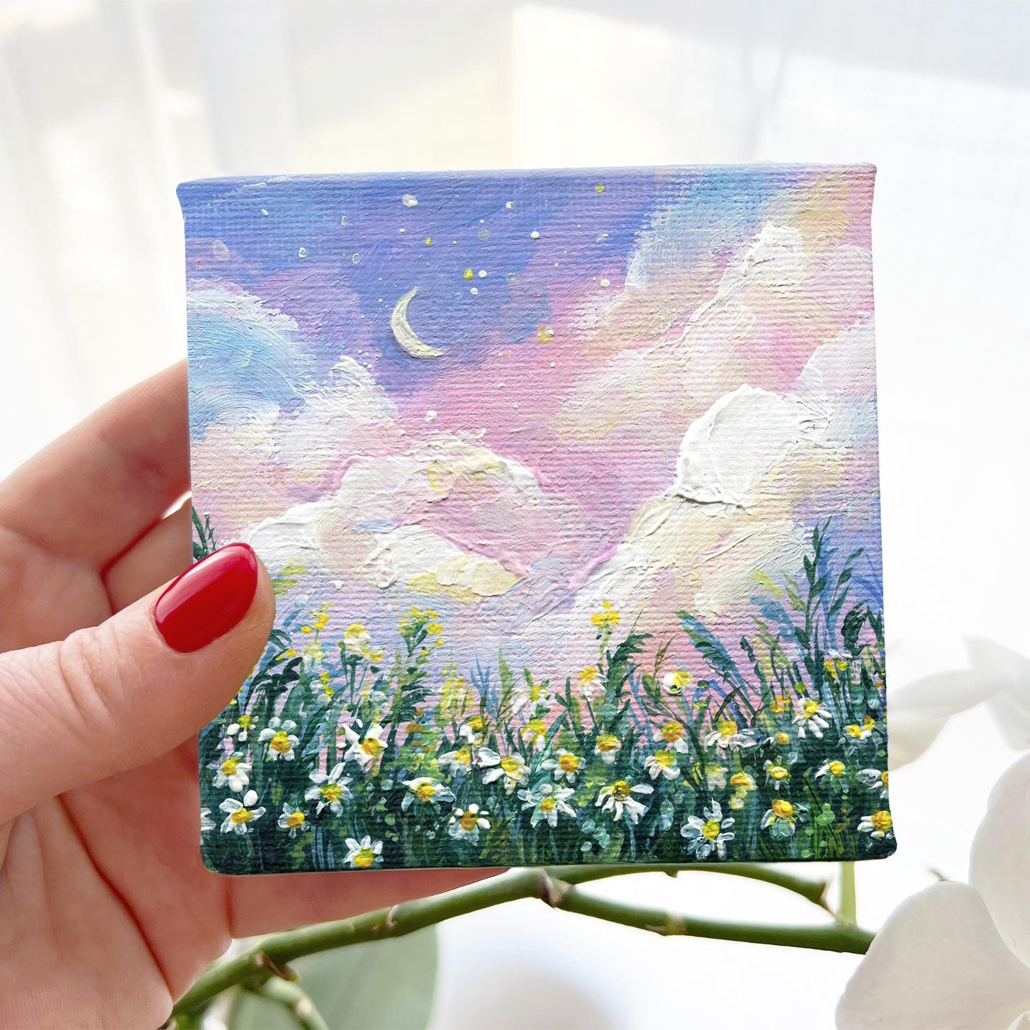 Field daisies Painting. Chamomile Painting. Wildflower Meadow. Original Small Nature Wall Art, Hand Painted Landscape, pink sunset Gift art