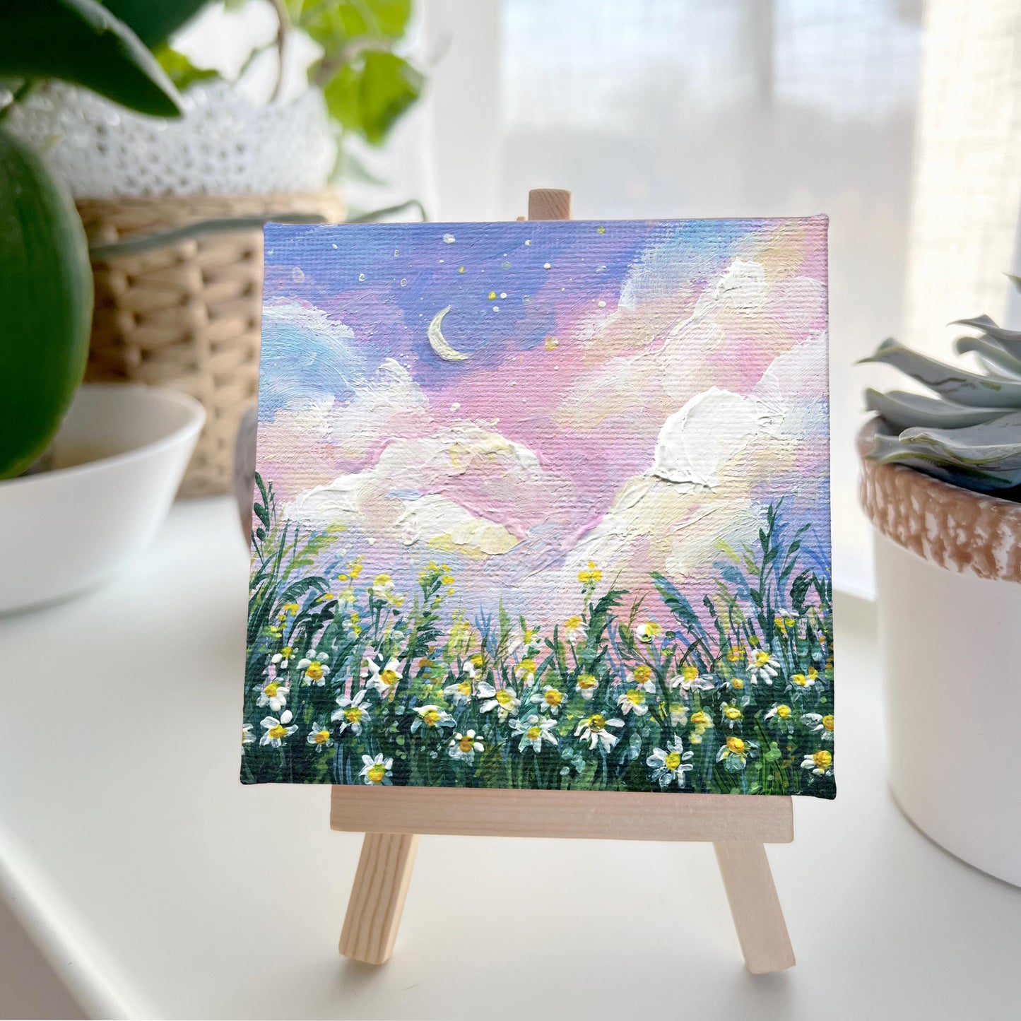 Field daisies Painting. Chamomile Painting. Wildflower Meadow. Original Small Nature Wall Art, Hand Painted Landscape, pink sunset Gift art
