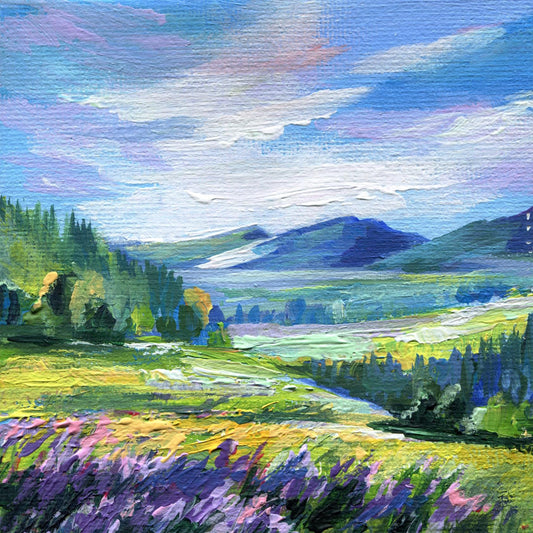 Colorful Mountain Valley Painting. Original Mini Landscape Artwork, Wildflower Field, Swiss Alps Panorama Art, Nature Wall Decor, 10x10 cm
