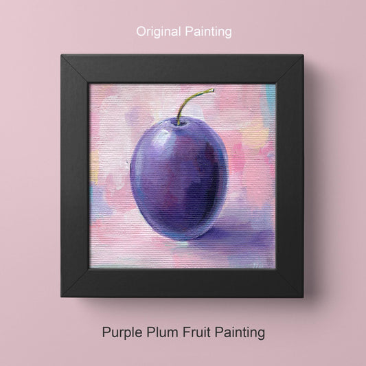 Purple Plum Fruit Painting, Original 10x10 cm Acrylic Artwork on Canvas Panel. Kitchen Art, Still Life Wall Decor, Miniature Art