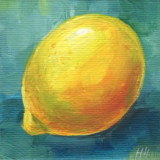 Original Lemon Oil Painting, Miniature Fruit Art, Small Kitchen Decor, Yellow Citrus Canvas, Tiny Still Life