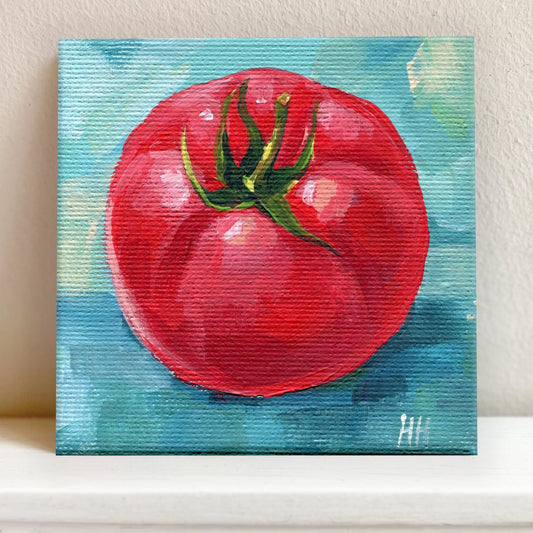 Original Tomato Painting, Mini Canvas Art, Kitchen Decor, Small Acrylic Tomato Artwork, Vegetable Wall Art, 4x4 inch Canvas,