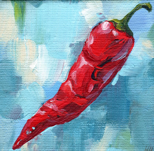 Original 4x4 inch red chili pepper acrylic painting by Hanna Hryharenka featuring vibrant fiery red pepper against expressive blue background with bold dynamic brushstrokes, perfect for kitchen spice decor by Hanna Art