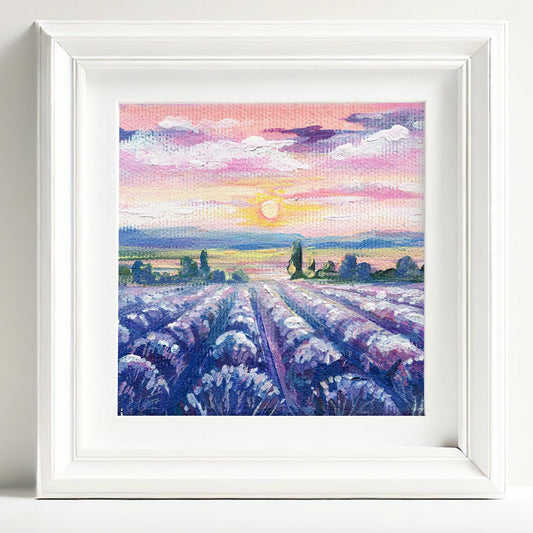 Hand-painted sunset over violet lavender rows in French countryside artwork