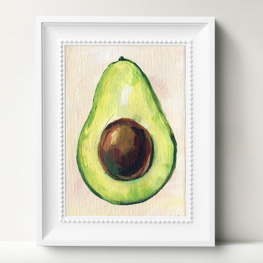 Original Avocado oil painting by Hanna Hryharenka showing vibrant green fruit with textured impasto technique