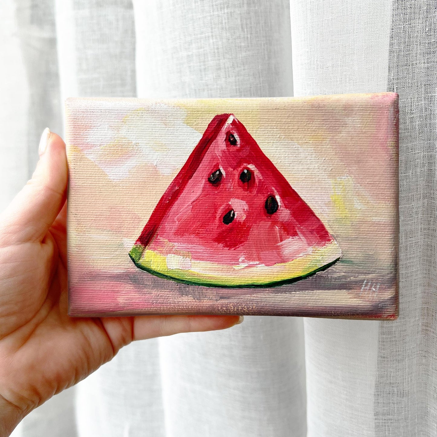 Watermelon Slice Painting. Red Summer Fruit Wall Art on Canvas. Summer Kitchen Decor. Foodie Gift. Mini Artwork. Original acrylic painting