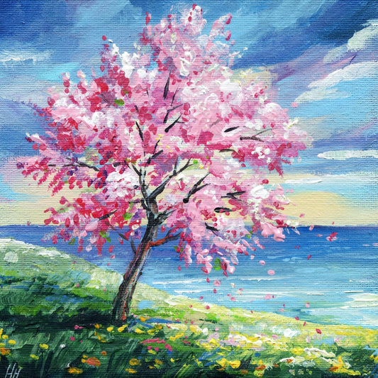 Cherry blossom tree painting. Sakura original landscape art on canvas. Pink spring tree wall decor floral coastal painting personalized gift