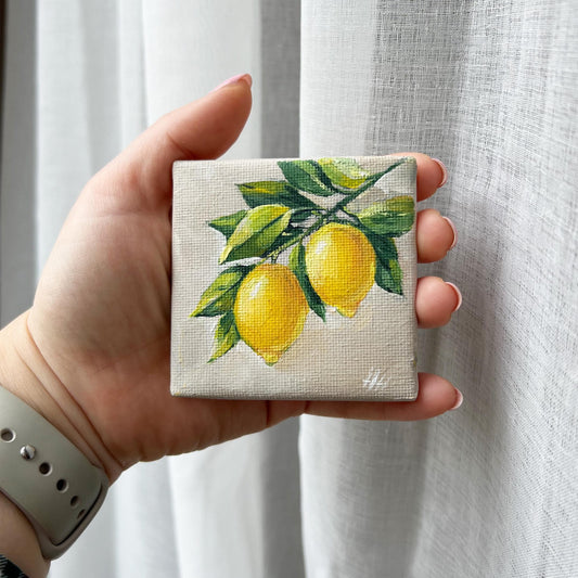 Lemon Painting – Original Acrylic Fruit Art on Canvas, Small Yellow Lemon Wall Decor for Kitchen, Mini Citrus Artwork Gift Oil Lemon artwork