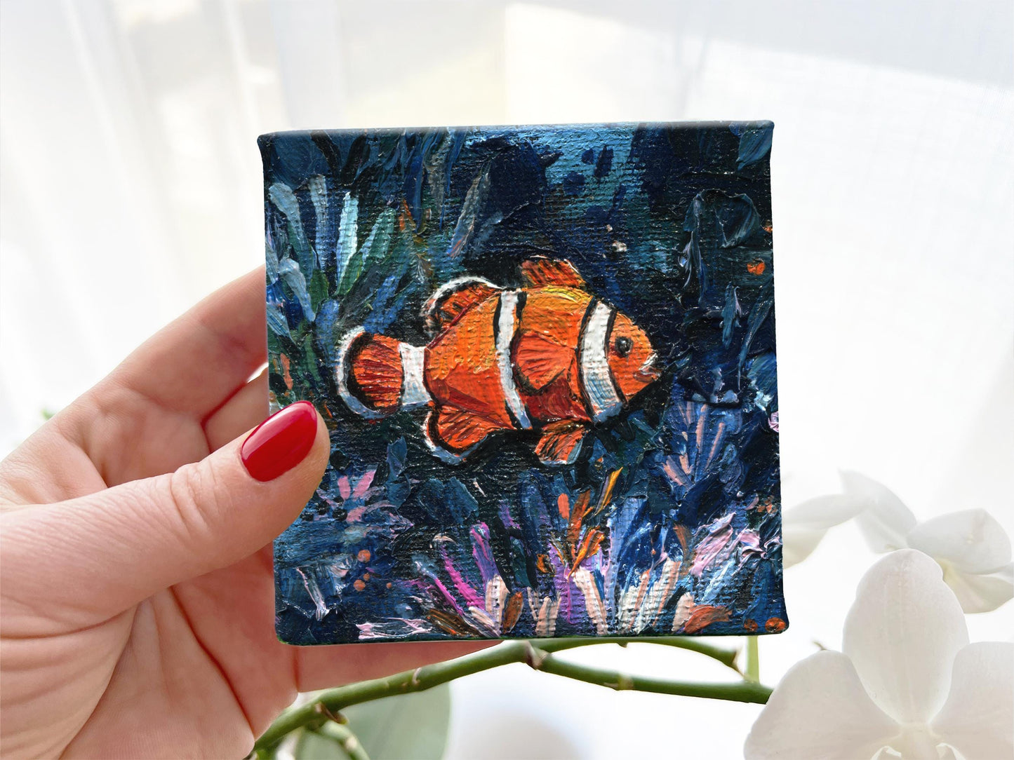 Clownfish Oil Painting: Original Tiny Seascape, Coastal Decor