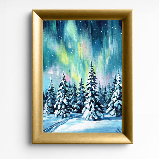 Aurora Borealis Winter Landscape Northern Lights Frosty Forest Painting on Canvas night sky Snowy Pine Trees Wall Decor Original oil Art