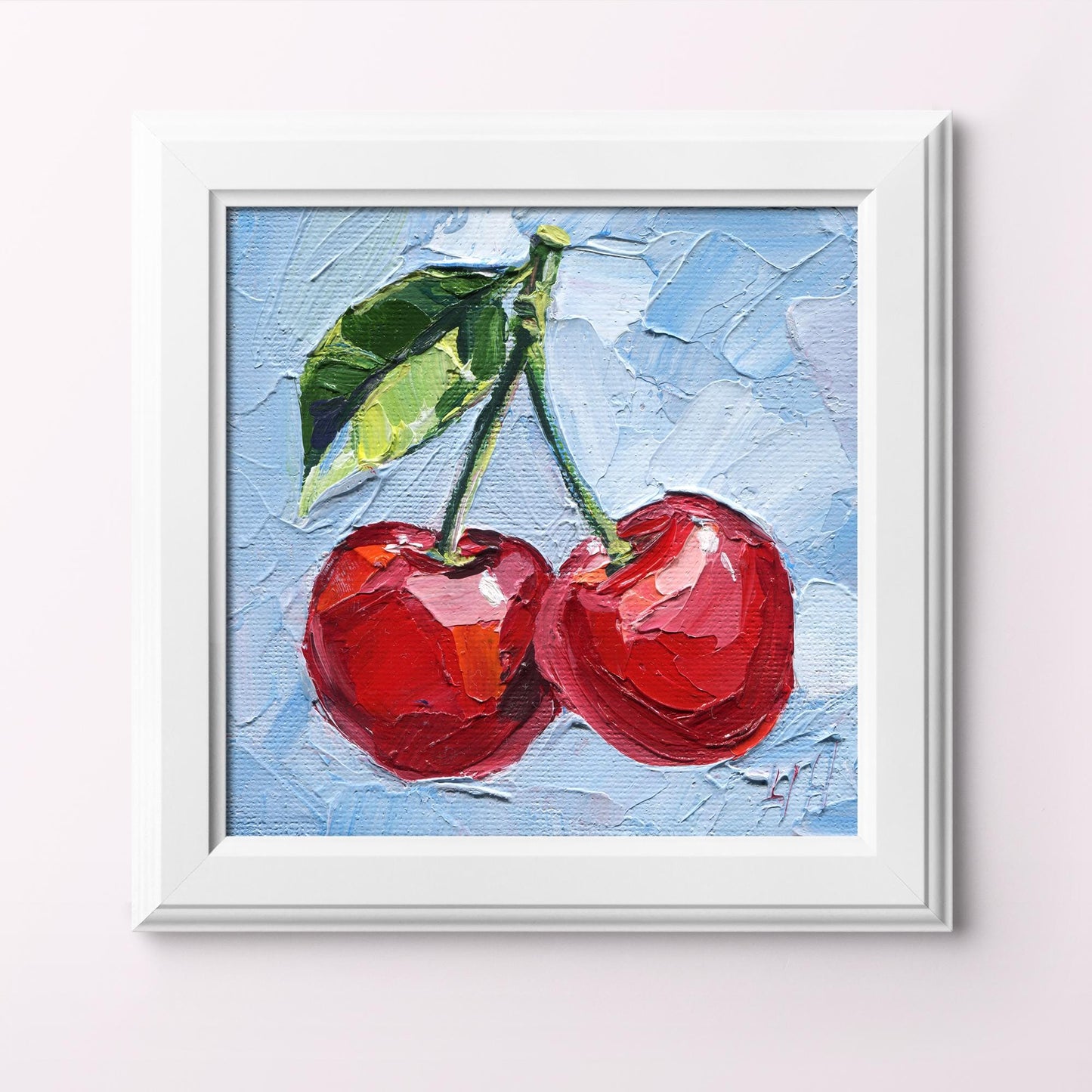 Original Cherry Oil Painting - 4x4" Fruit Wall Art