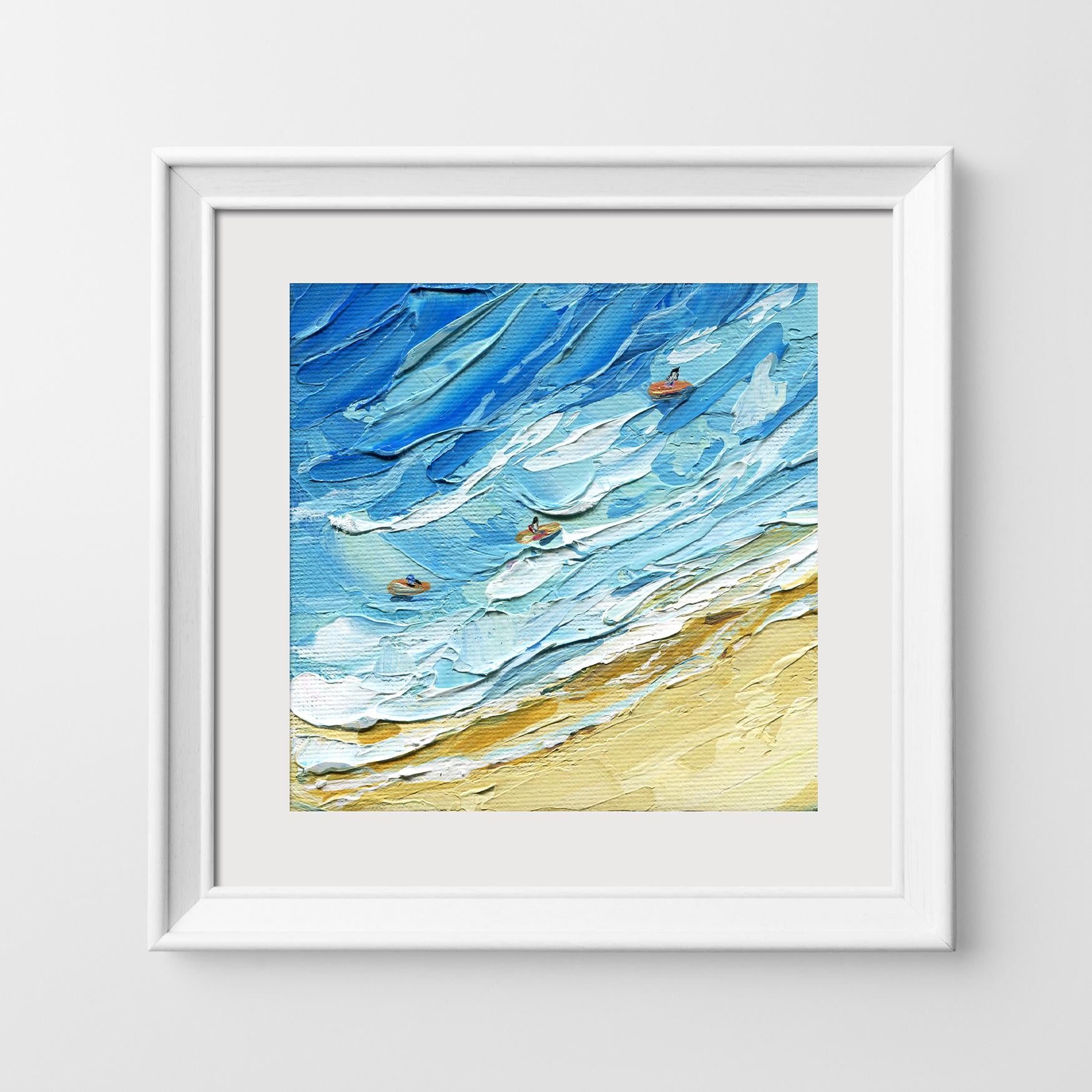 Close-up of seascape oil painting by artist Hanna Hryharenka (Hanna Art) showing detailed impasto texture and palette knife work, capturing the movement and energy of ocean waves with varying shades of blue