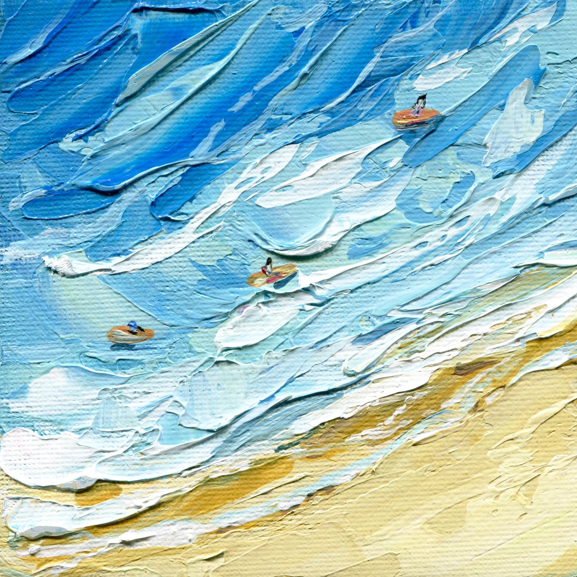 Beach surf oil painting by Hanna Hryharenka featuring dynamic blue ocean waves with textured impasto technique, original Hanna Art seascape created with palette knife showing white foam crashing against turquoise water