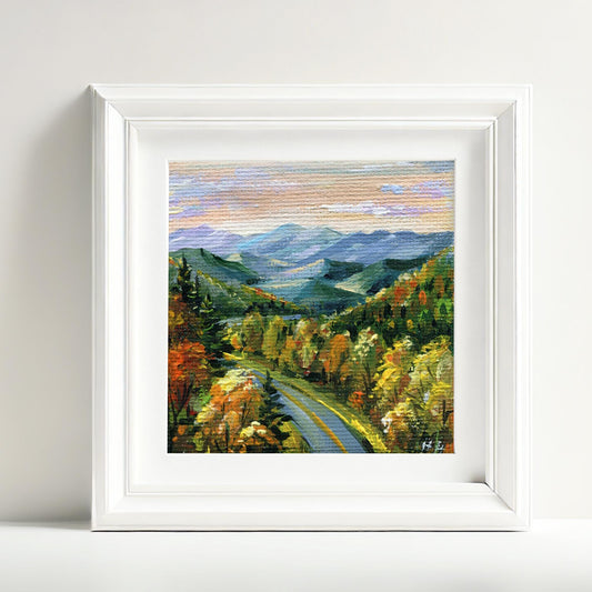Blue Ridge Autumn Road – Original Landscape Painting on Canvas, 3x3 in Mountain Art, Smoky Mountains Fall Decor, Miniature Painting mini art