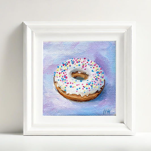 Donut Acrylic Painting – 3x3 inch Original Hand-Painted Food Art – Small Kitchen Wall Decor, Dessert Illustration Gift, Mini art canvas