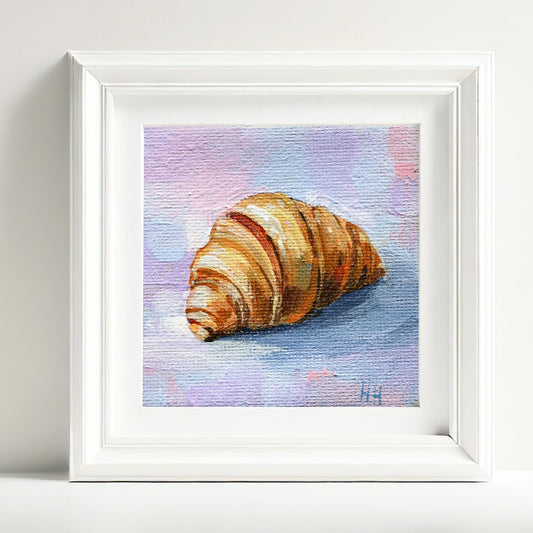 Mini Croissant Painting on Canvas – Small Original French Pastry Art – 3x3 inch Kitchen Wall Decor, Food Illustration Gift