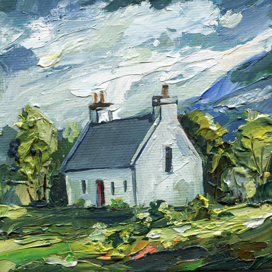 Scottish Cottage Oil Painting – Mini Landscape Original Art, 4x4 inch Impasto Textured Canvas, Countryside Wall Decor, Irish Cottage