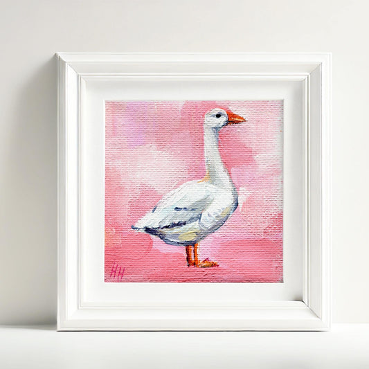 White Goose Mini Painting – 3x3 inch Hand Painted Farm Animal Art on Canvas, Small Bird Wall Decor, Whimsical Goose Gift, Pink cute gifts