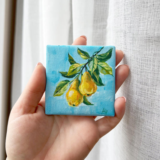 Pear Fruit Painting – Original Acrylic Art on Canvas, Small Yellow Pear Kitchen Wall Decor, Mini Food Art Gift, Pear botanical oil Painting
