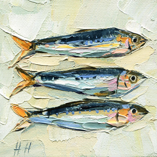 Original 4x4 inch sardine oil painting by Hanna Hryharenka featuring thick impasto texture with shimmering blues, silver tones, and golden accents, perfect for coastal kitchen wall decor by Hanna Art