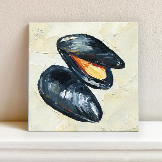 Original 4x4 inch mussel oil painting by Hanna Hryharenka featuring two dark glossy mussels with impasto texture, one open revealing warm orange tones against creamy neutral background, perfect for coastal kitchen decor by Hanna Art