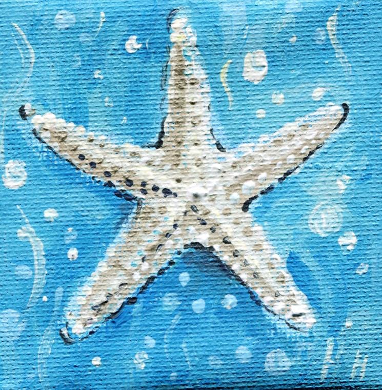 Starfish Mini Painting – 3x3" Original Ocean Wall Art on Canvas, Coastal Beach Decor, Hand-Painted Nautical Gift, Small Sea Life Artwork