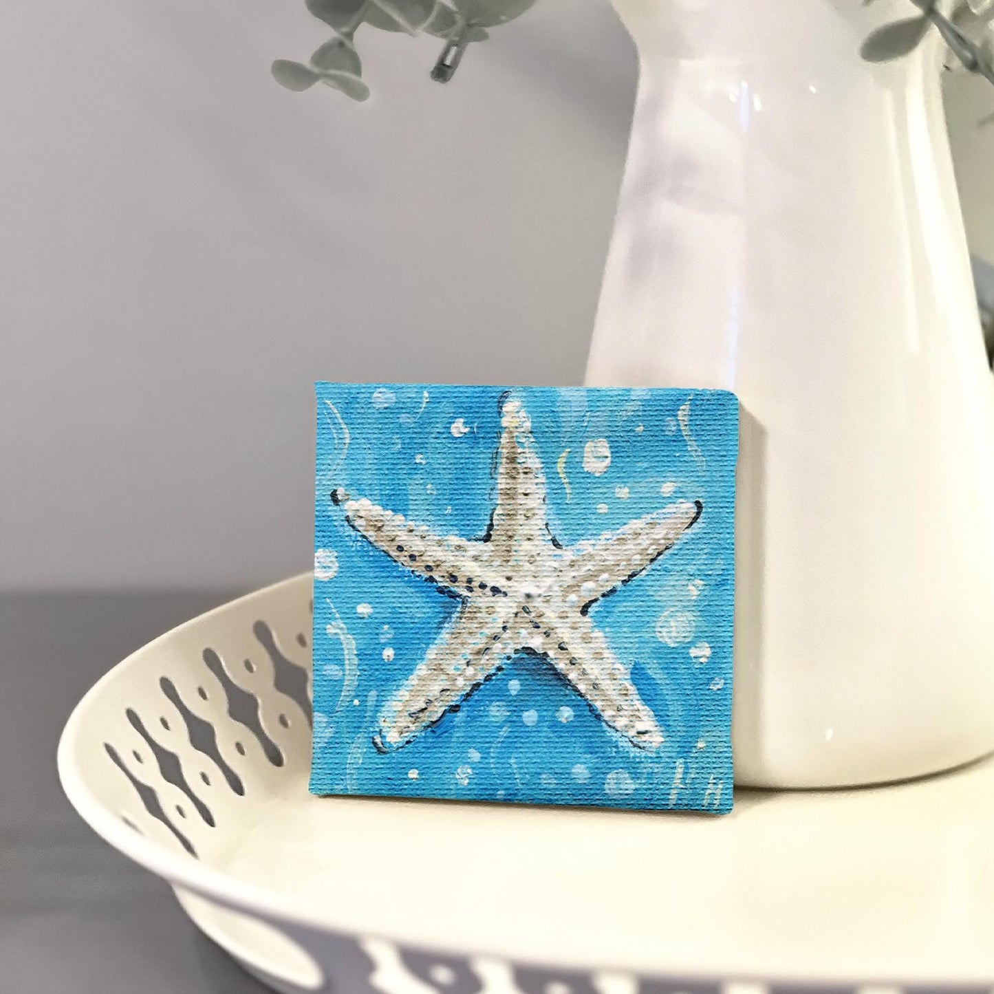 Starfish Mini Painting – 3x3" Original Ocean Wall Art on Canvas, Coastal Beach Decor, Hand-Painted Nautical Gift, Small Sea Life Artwork