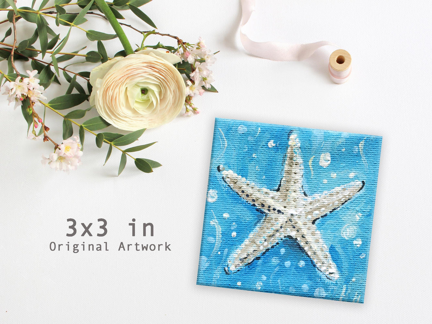 Starfish Mini Painting – 3x3" Original Ocean Wall Art on Canvas, Coastal Beach Decor, Hand-Painted Nautical Gift, Small Sea Life Artwork