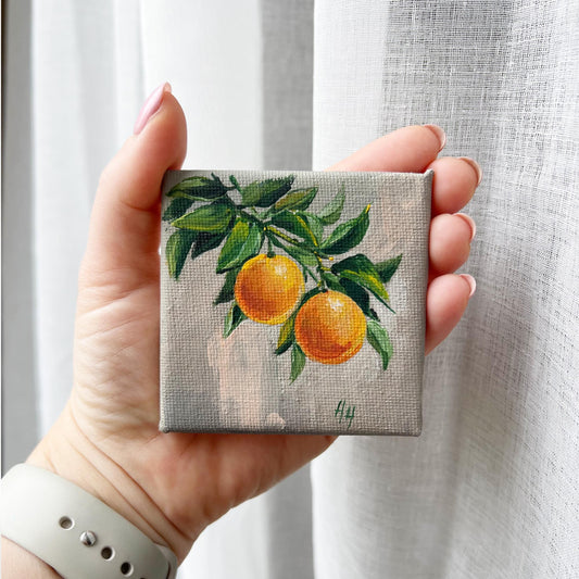 Orange Fruit Painting – Mini Citrus Art on Canvas, Original Acrylic Artwork, Small Kitchen Wall Decor, Fresh Fruit Art Gift, oil painting