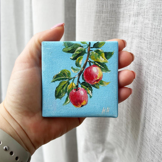 Apple Painting – Original Acrylic Fruit Artwork on Canvas, Small Red Apple Wall Decor Kitchen, Mini Harvest Art Gift, botanical oil fruits