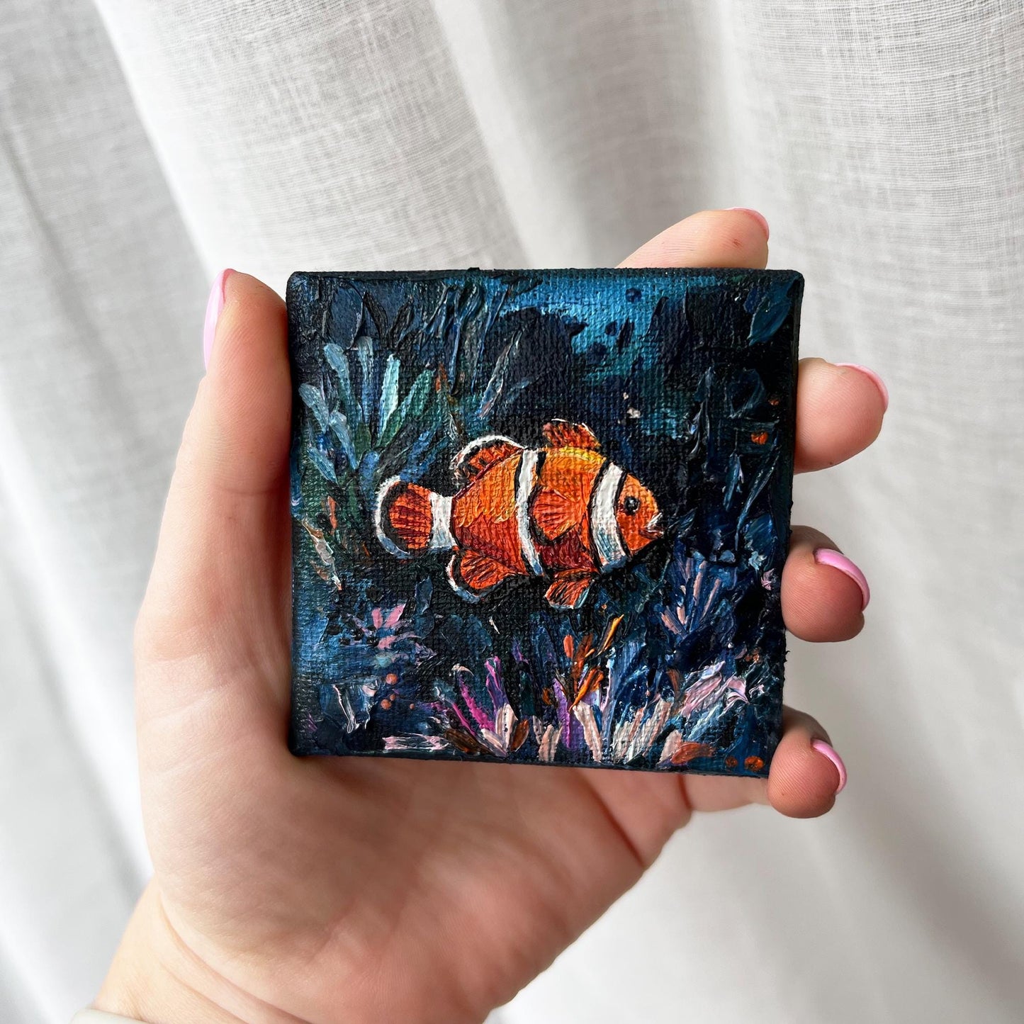 Clownfish Oil Painting: Original Tiny Seascape, Coastal Decor