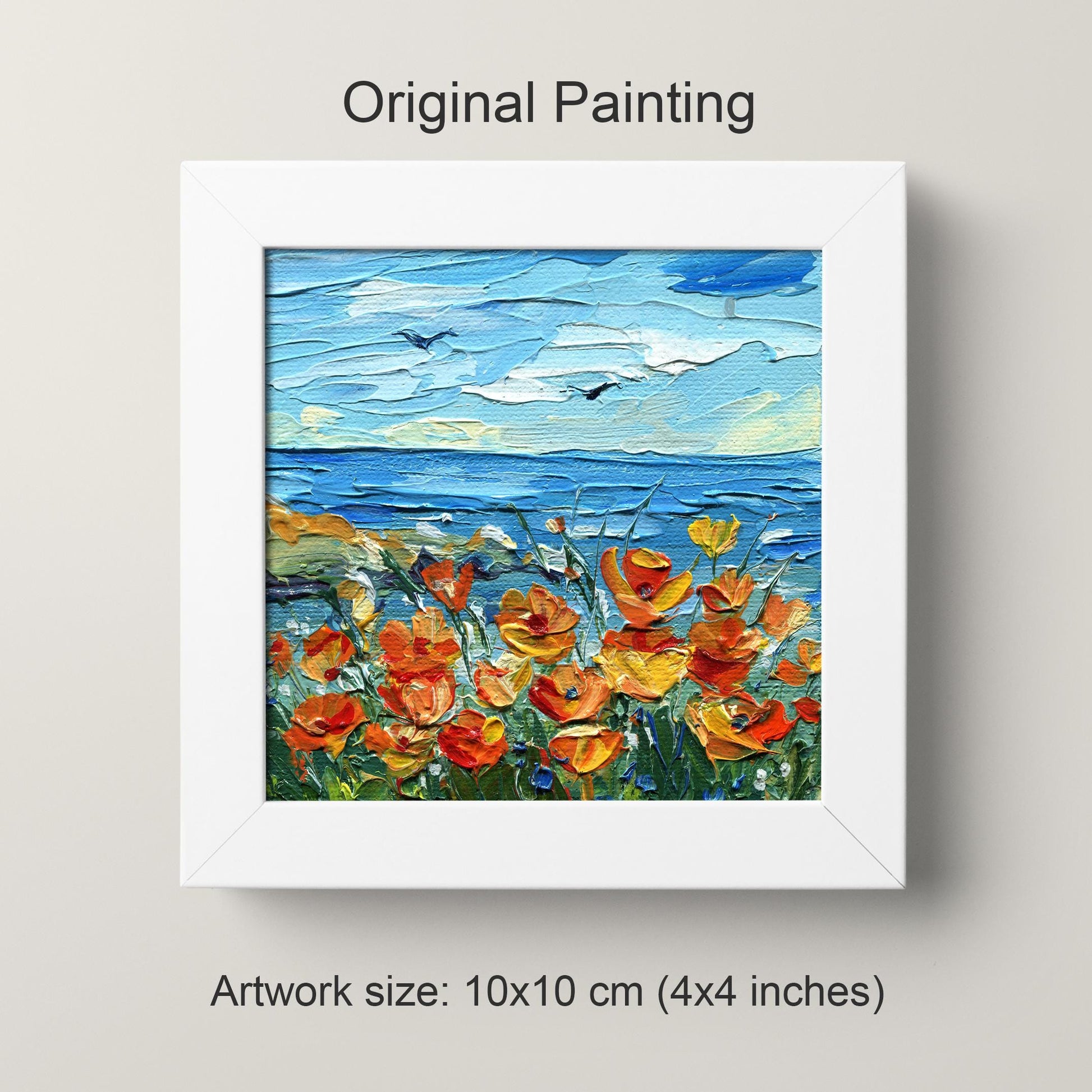 California poppy masterpiece by Hanna Hryharenka featured in residential space, demonstrating how this petite 4x4 inch maritime artwork infuses warm-weather vibes into oceanfront home styling and wilderness-themed rooms